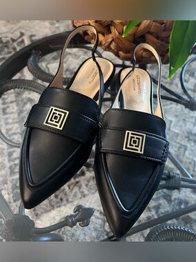 Liz Claiborne Black Pointed Slingback Mules with Gold Emblem